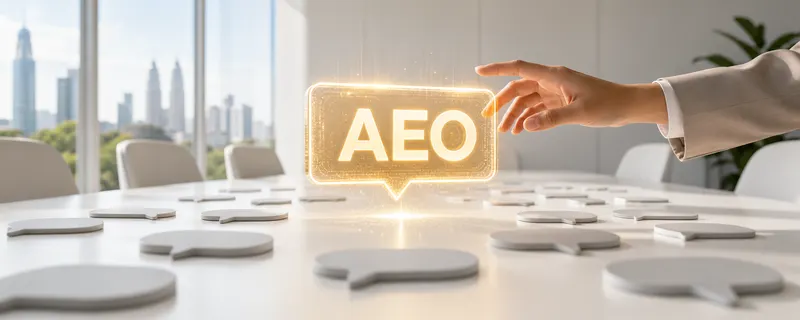Answer Engine Optimization: glowing AEO answer bubble chosen among grey question bubbles